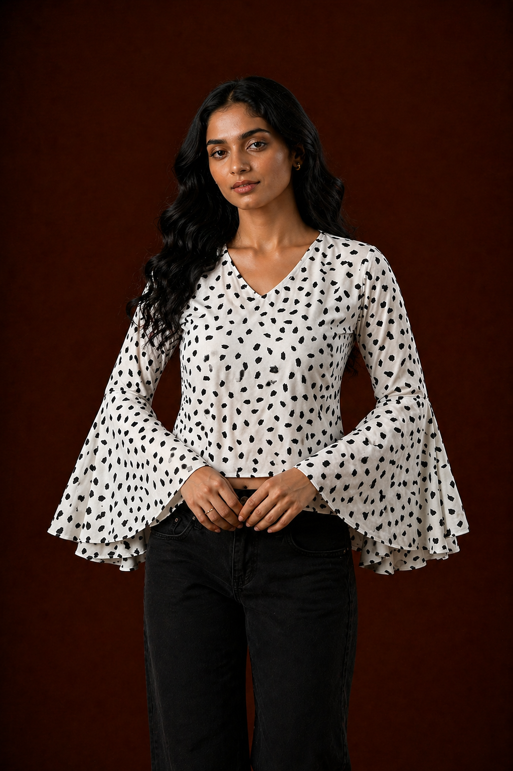 Flared Bell Sleeve V-Neck Top